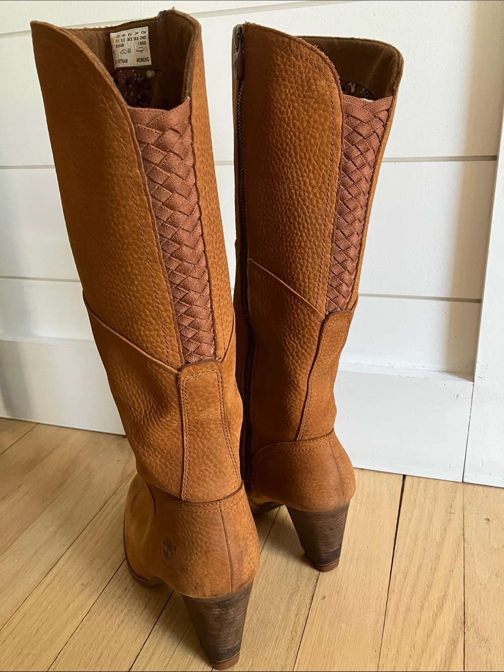 Timberland Women’s Tan Leather Mid-Calf Heeled Boots with Woven Detail 7.5